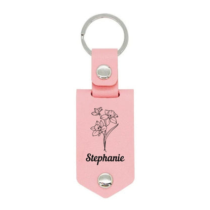 Personalized Photo Leather Keychain With Name & Birth Flower Engraving