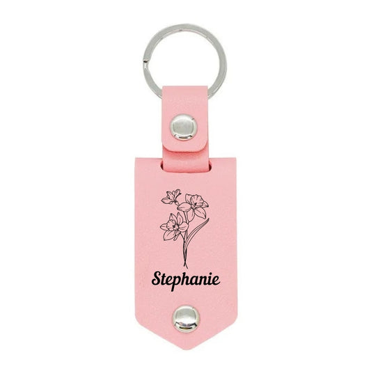 Personalized Photo Leather Keychain With Name & Birth Flower Engraving