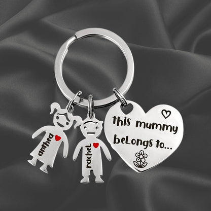 Personalised Stainless Steel Keychain with Kids Charm Engraved Name