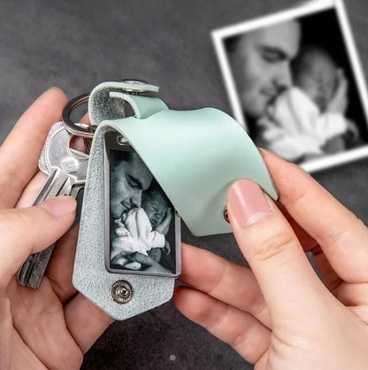 Personalized Photo Leather Keychain With Name & Birth Flower Engraving