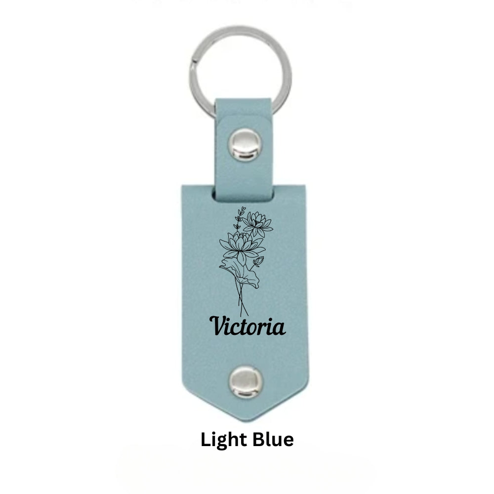 Personalized Photo Leather Keychain With Name & Birth Flower Engraving