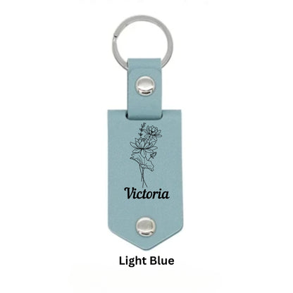 Personalized Photo Leather Keychain With Name & Birth Flower Engraving