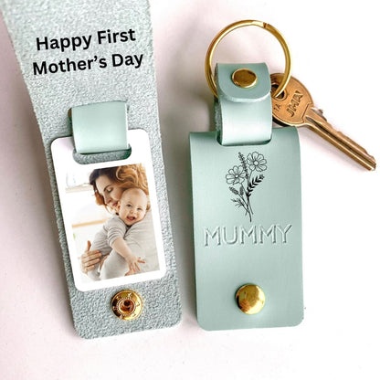 Personalized Photo Leather Keychain With Name & Birth Flower Engraving