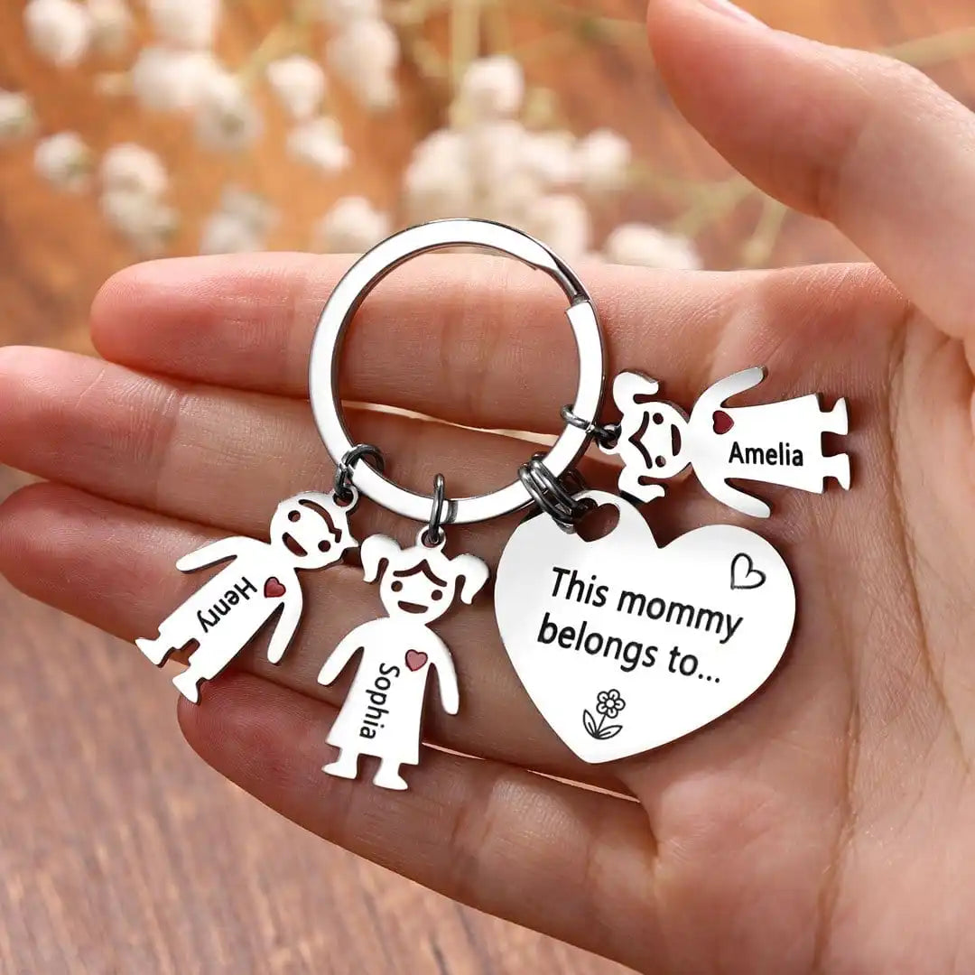 Personalised Stainless Steel Keychain with Kids Charm Engraved Name