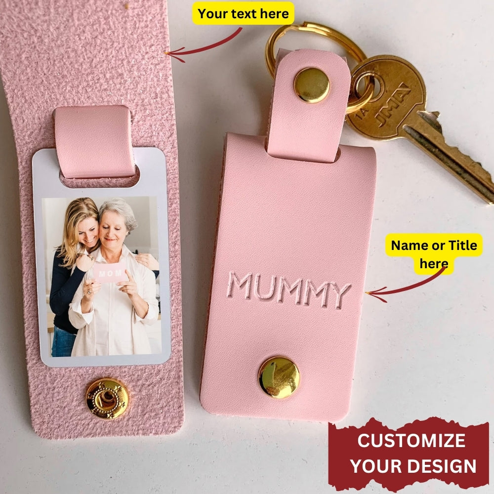 Personalized Photo Leather Keychain With Name & Birth Flower Engraving