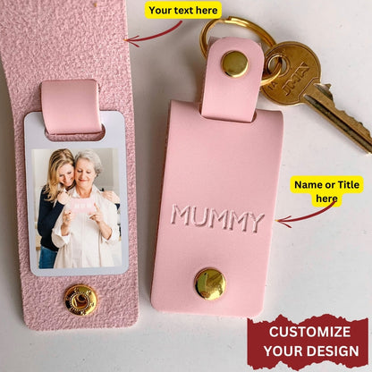 Personalized Photo Leather Keychain With Name & Birth Flower Engraving