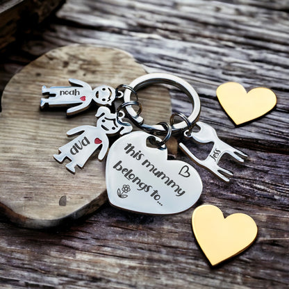 Personalised Stainless Steel Keychain with Kids Charm Engraved Name