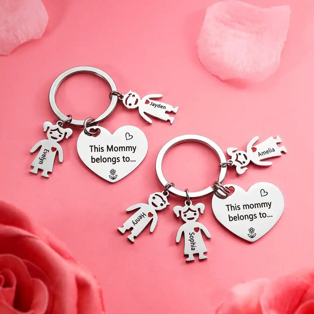 Personalised Stainless Steel Keychain with Kids Charm Engraved Name