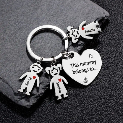 Personalised Stainless Steel Keychain with Kids Charm Engraved Name